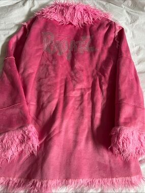 Dolls Kill x Brats collaboration hot pink faux suede shearling rhinestoned coat